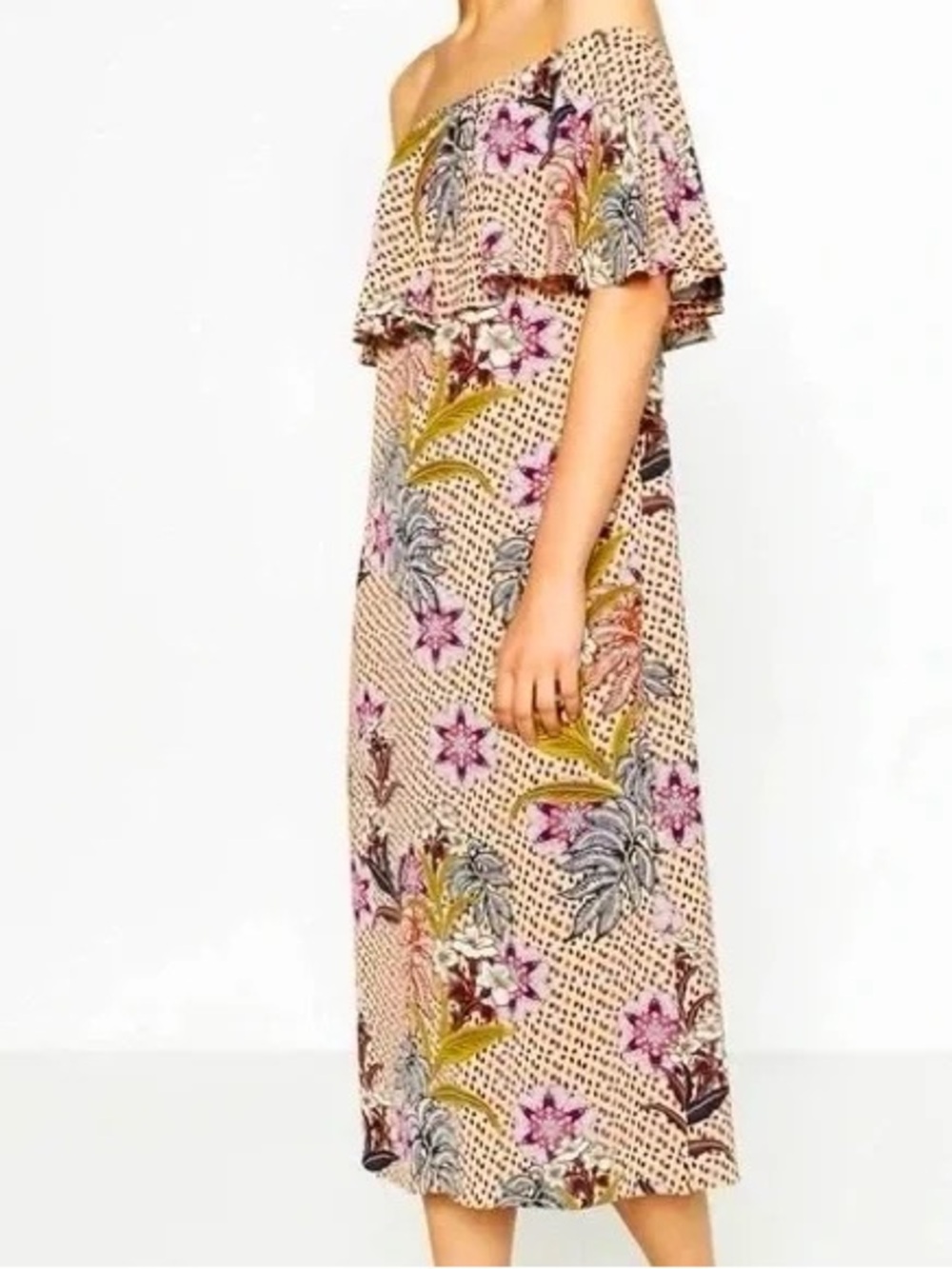 Zara Floral Off-Shoulder Midi Dress in Beige, Pink and Green